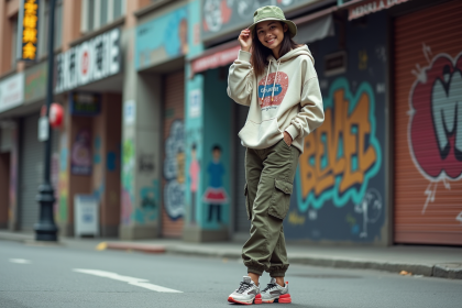 Jeune femme urbaine ajustant son chapeau dans la rue