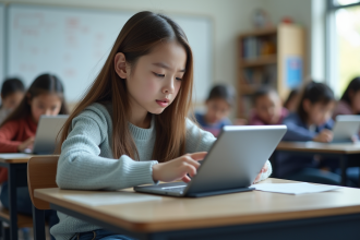 Jeune fille en classe utilisant la réalité augmentee sur sa tablette