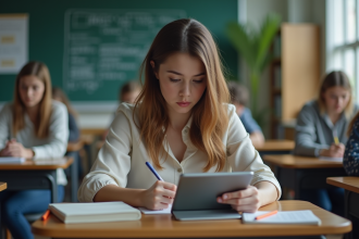 Jeune femme concentrée sur un questionnaire numérique en classe