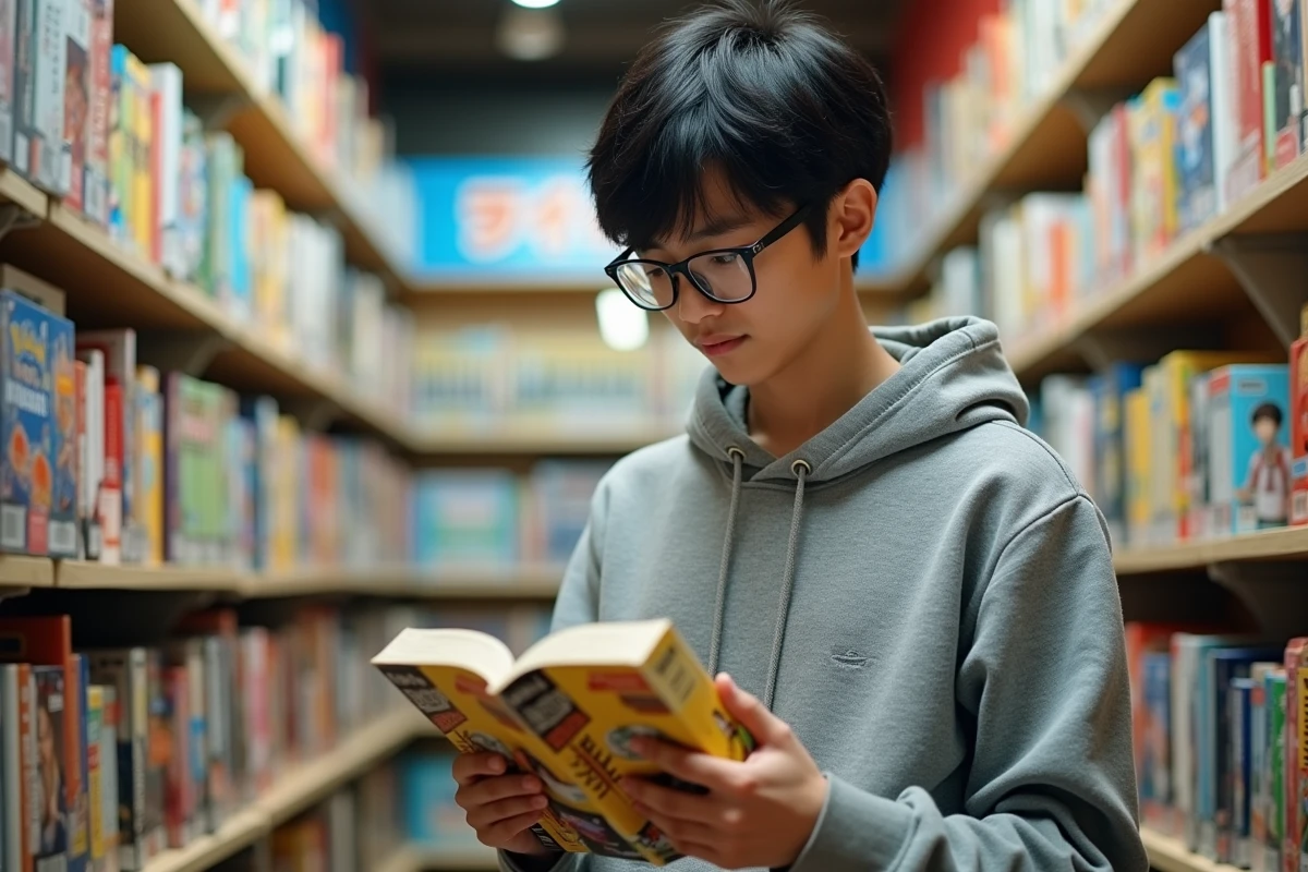 Jeune homme examinant un display Pokémon Aventures en librairie manga, comparant les éditions disponibles en rayon