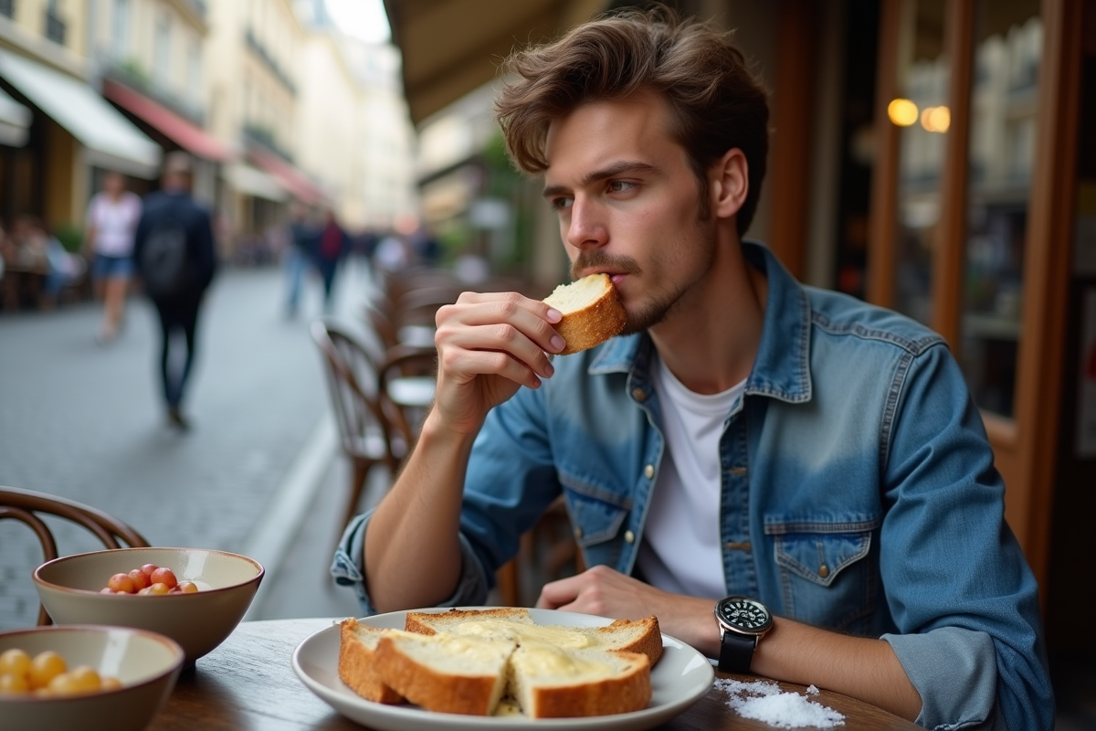 Jeune homme dégustant du foie gras en terrasse parisienne