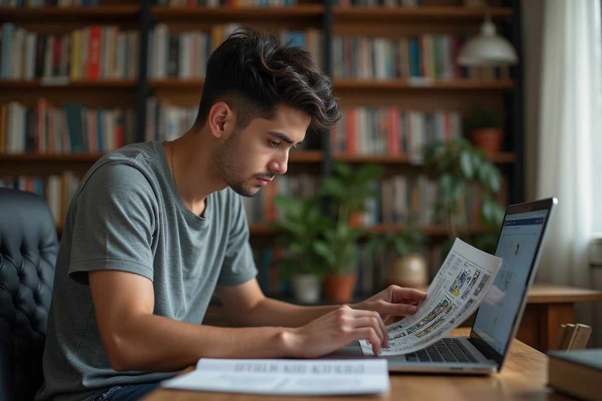 Jeune homme lisant manga sur ordinateur à la maison