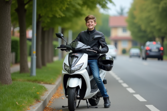 Jeune homme en veste moto et jeans sur scooter moderne