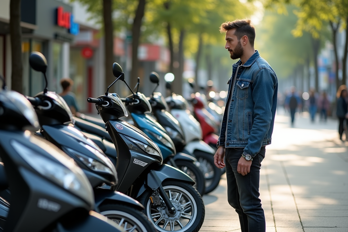 Jeune homme regardant des motos 125cc en extérieur