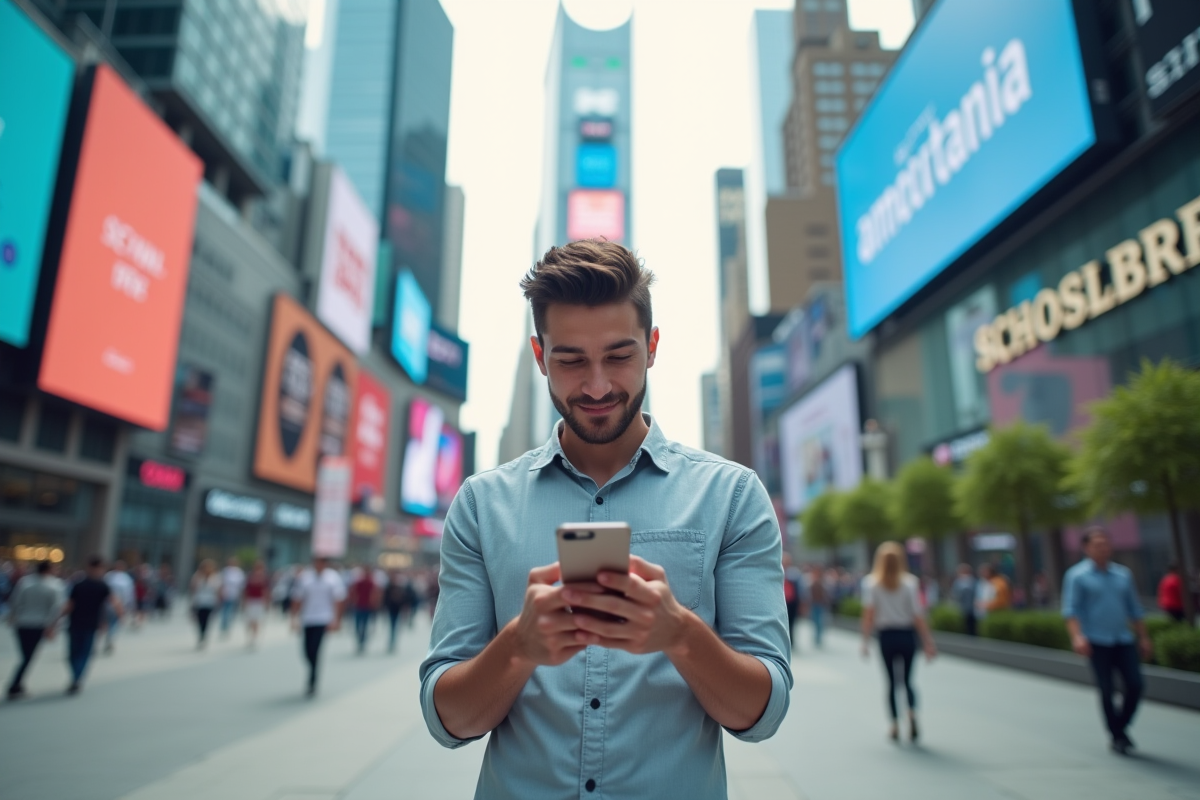 Jeune homme dans la ville regardant son smartphone