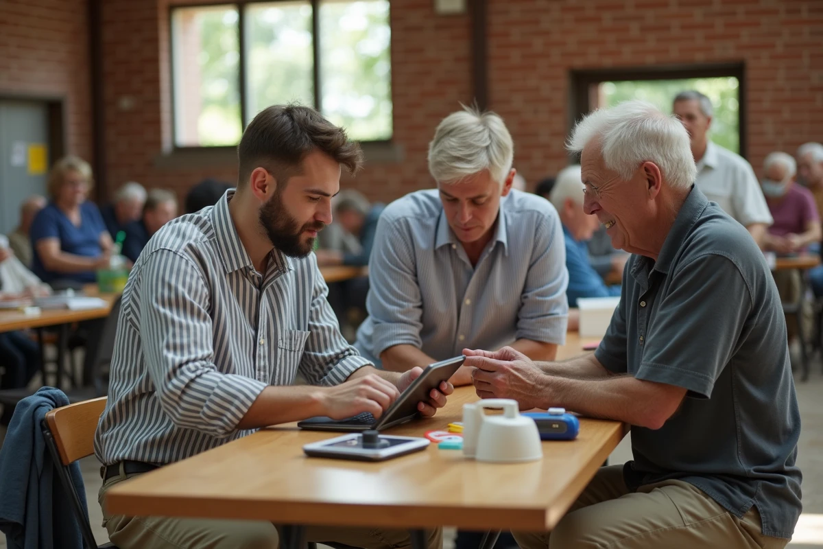 Jeune homme montrant un outil num&eacute;rique &agrave; un couple lors d