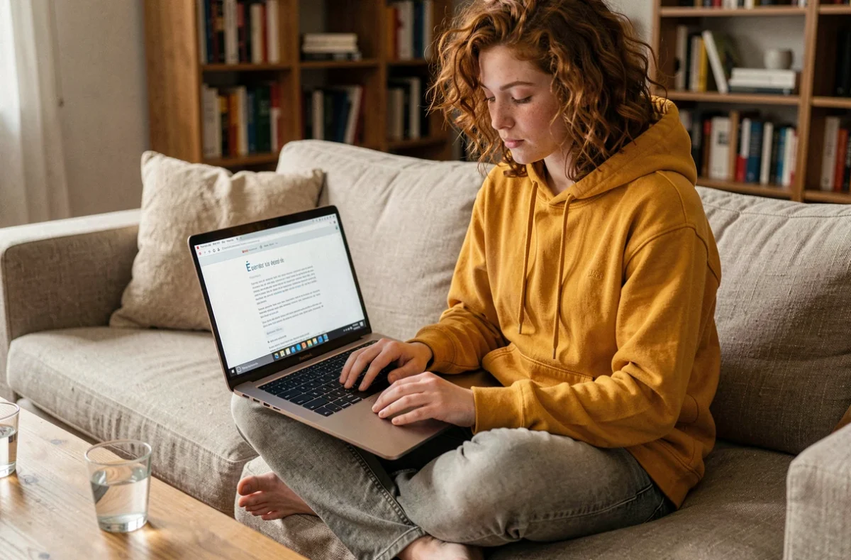 Jeune personne sur un canapé utilisant un laptop Windows pour écrire le caractère È majuscule en français