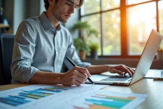 Jeune professionnel analysant des graphiques financiers colorés au bureau