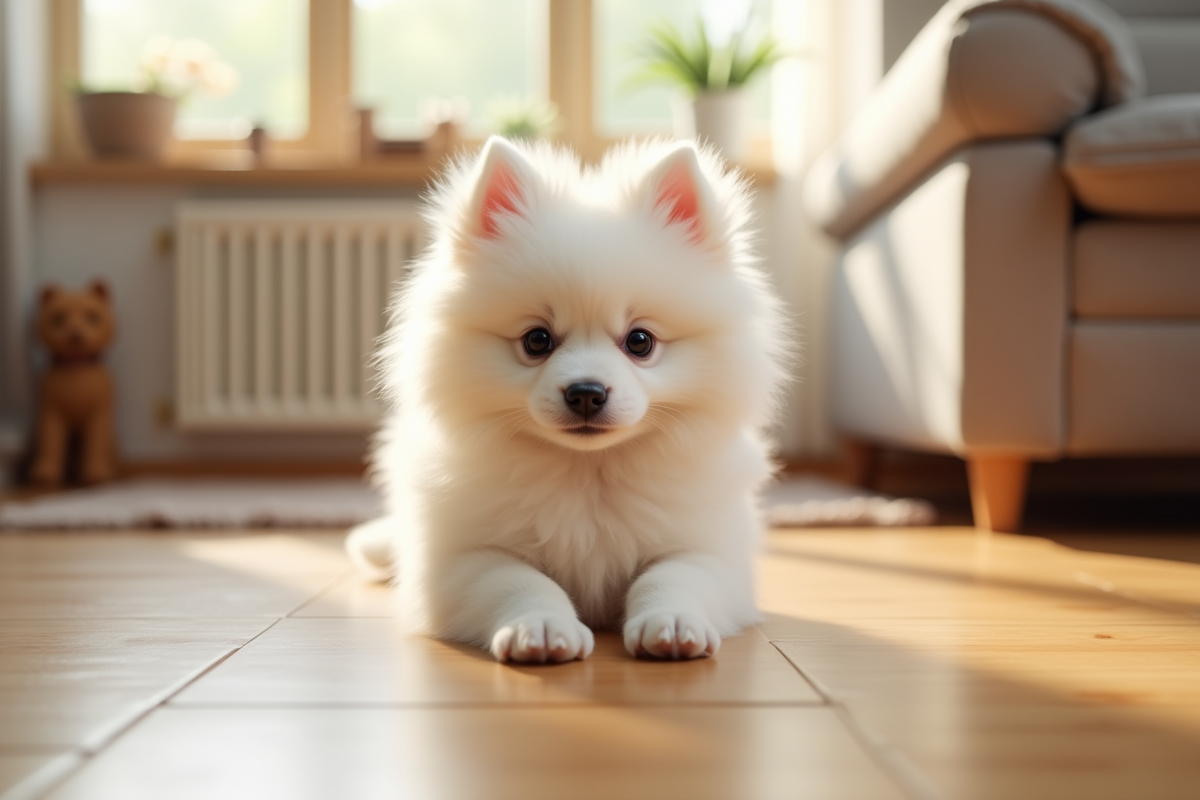 Chiot spitz japonais sur parquet intérieur lumineux