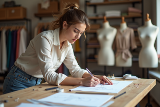 Jeune styliste femme esquissant des designs dans son atelier