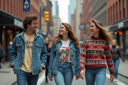 Groupe de jeunes adultes dans la rue des années 80
