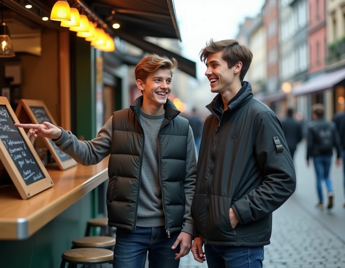 Deux jeunes hommes en tenues urbaines tendance discutant devant un food truck dans une rue piétonne animée, illustrant le parler jeune contemporain