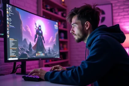 Joueur de MMORPG concentré devant son écran avec interface violette du Dofus pourpre
