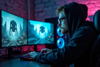 Joueur PC immergé dans Gears of War E-Day sur une configuration gaming haut de gamme avec double écran