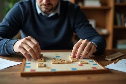 Joueur de Scrabble adulte plaçant des lettres W et Z sur un plateau de jeu en bois dans un salon cosy