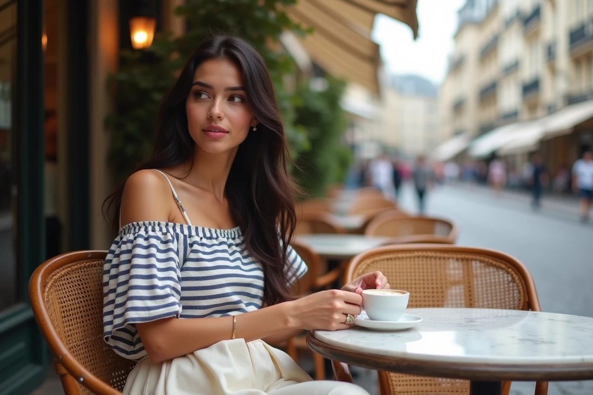 Julia Frenchie Shore attablée en terrasse d'un café parisien, portrait candide capturant son style naturel et décontracté
