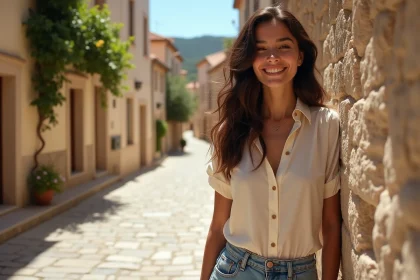 Julia Frenchie Shore, jeune femme française aux cheveux bruns ondulés, posant avec élégance devant une ruelle ensoleillée du Sud de la France