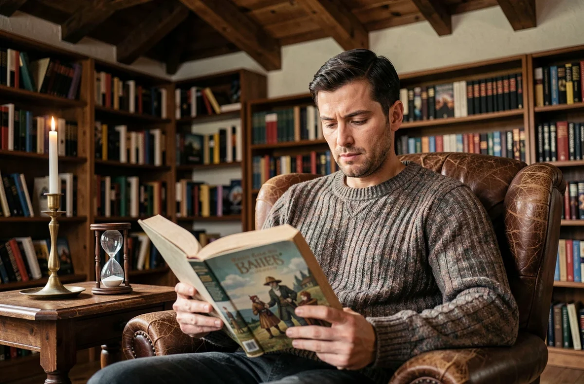 Homme lisant un livre de fantasy illustré dans une bibliothèque chaleureuse, évoquant l'univers du Seigneur des Anneaux