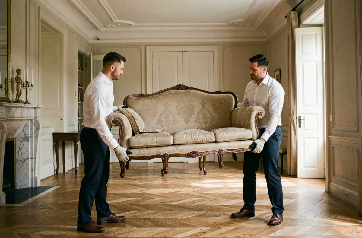 Déménageurs des Gentlemen du Déménagement transportant un canapé dans un appartement haussmannien