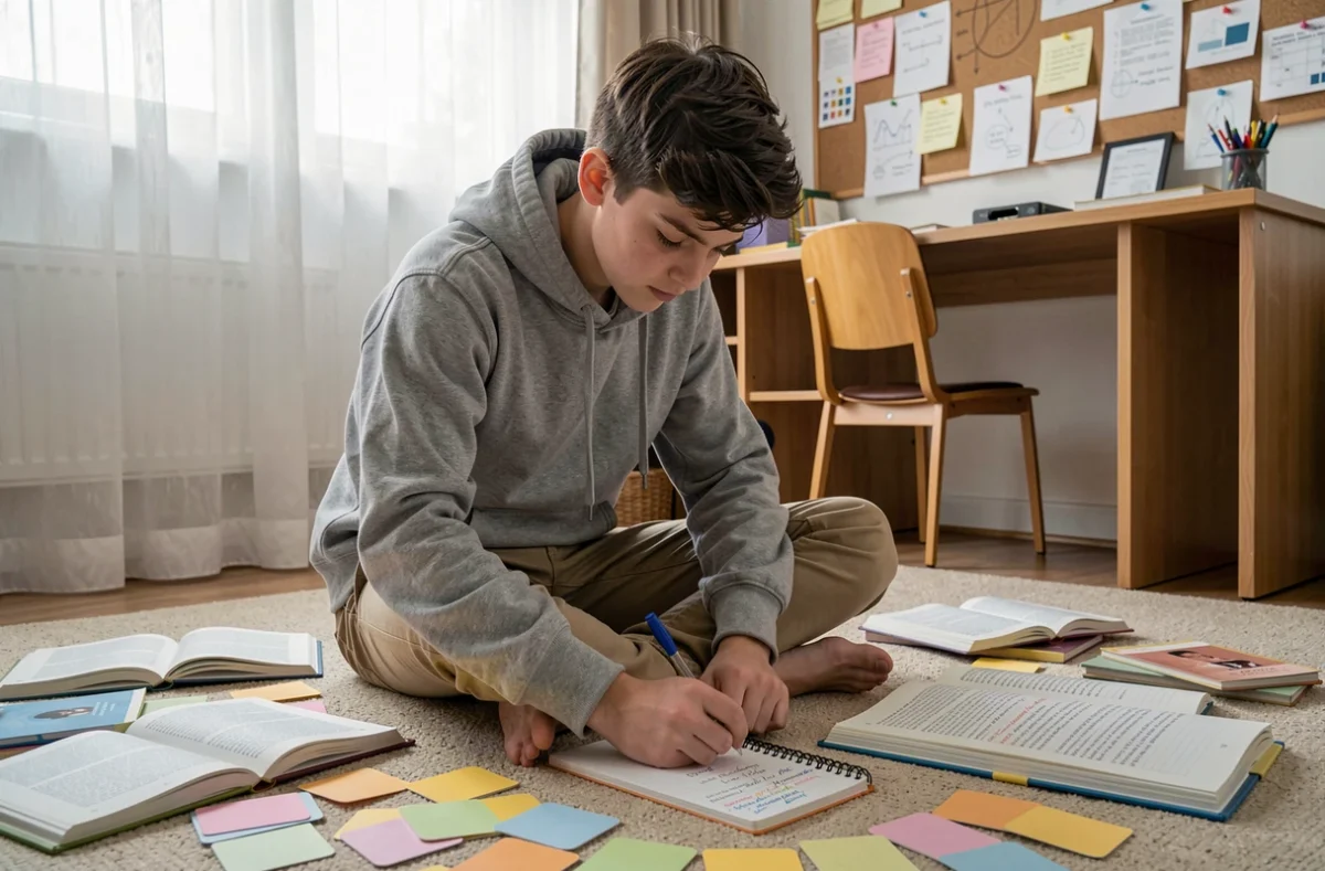 Lycéen étudiant la structure d'une octave poétique entouré de fiches de révision dans sa chambre