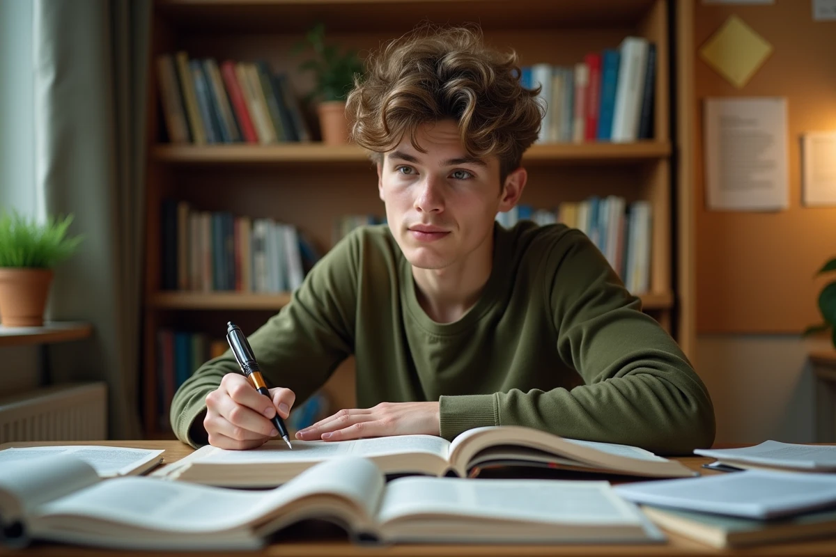 Lycéen révisant les figures de style dans sa chambre avec des manuels de littérature française