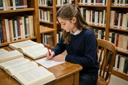 Lycéenne révisant une strophe de 8 vers en annotant un poème dans une bibliothèque scolaire