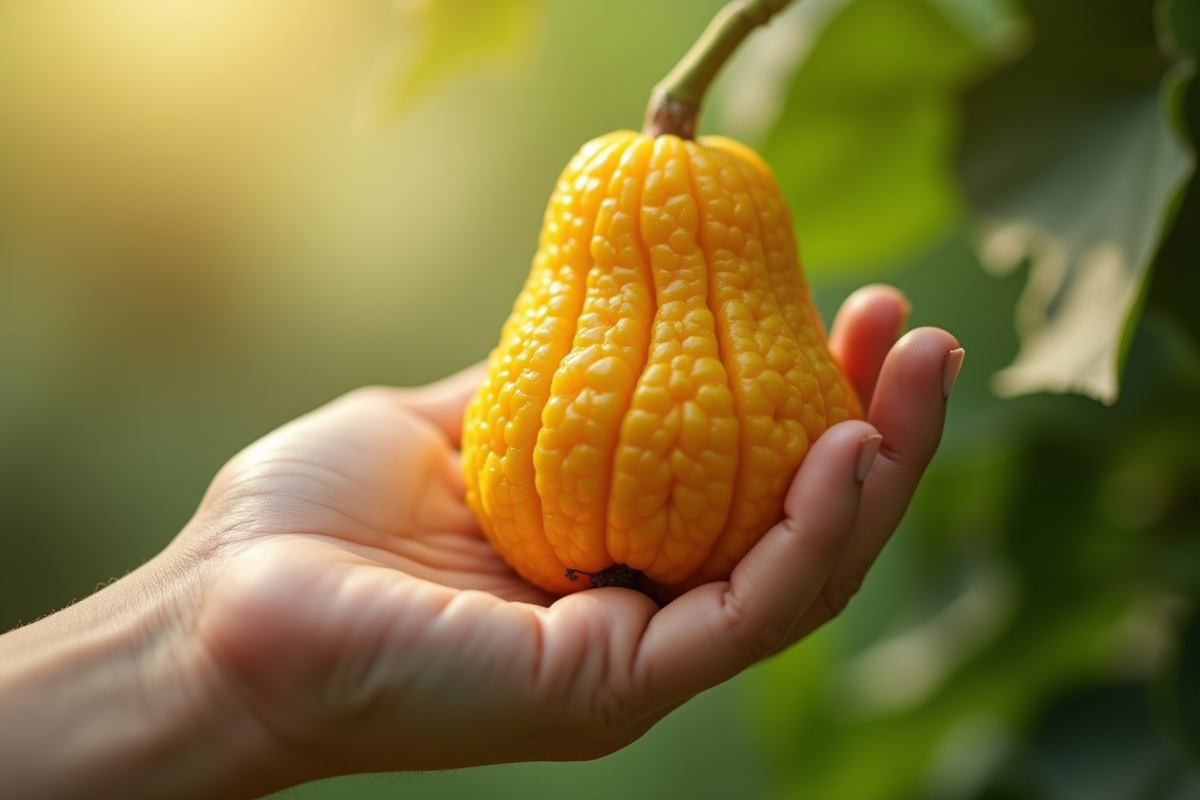 Main tenant un fruit Z dans un jardin lumineux