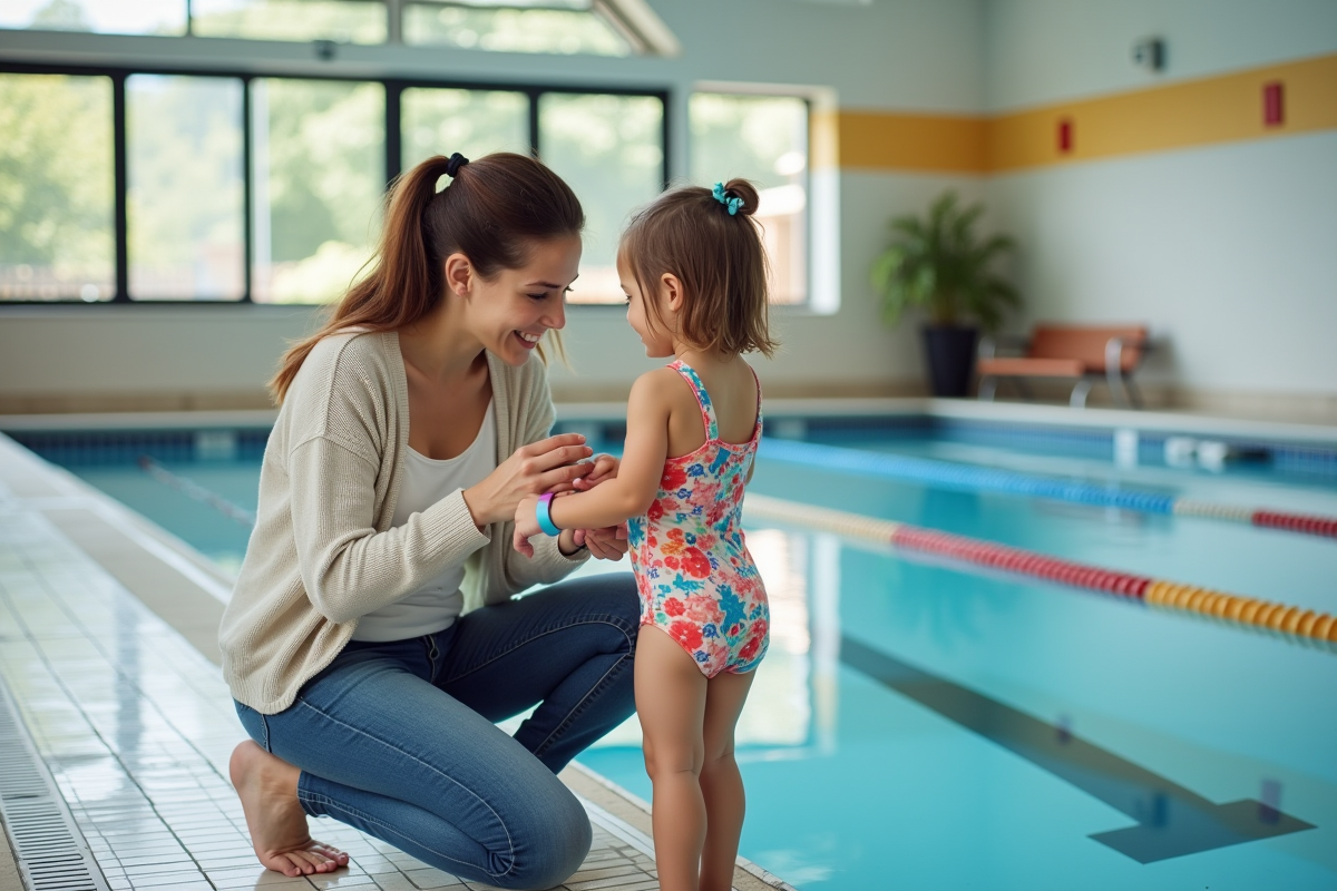Maman aidant sa fille a la piscine avec bandeau de securite