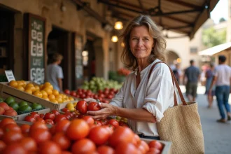 Femme sélectionnant des tomates au marché à Le Barcarès
