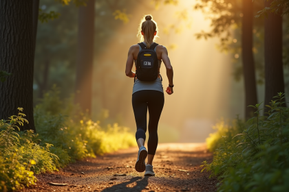 Personne marchant dans la forêt au matin avec montre connectée