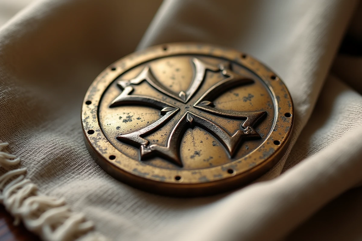 Médaillon en bronze gravé de la Croix de Lorraine posé sur un tissu de lin ancien