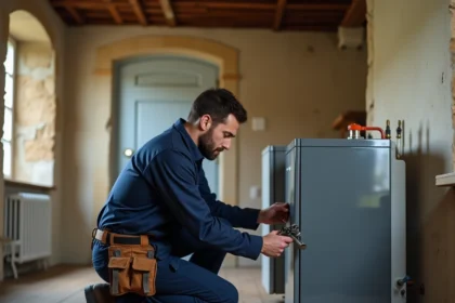 Chauffagiste professionnel inspectant une chaudière murale dans une maison du Loiret