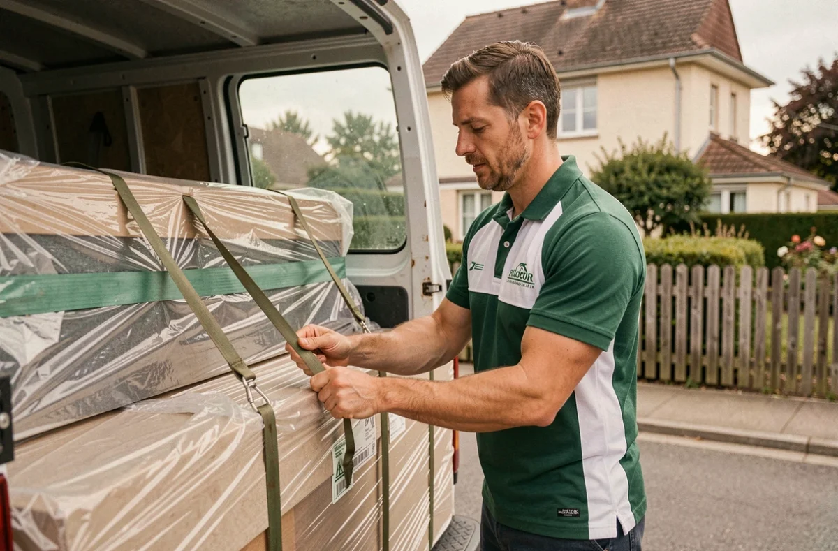 Déménageur de Meuse Déménagement Services arrimant des meubles dans un camion devant une maison pavillonnaire