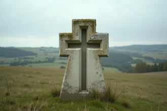 Monument en pierre sculpté de la Croix de Lorraine dans la campagne française, vue en contre-plongée