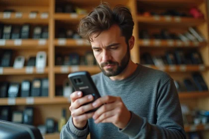 Homme tenant un Nokia 3310 vintage dans une boutique de téléphones d'occasion avec des étagères remplies d'anciens modèles