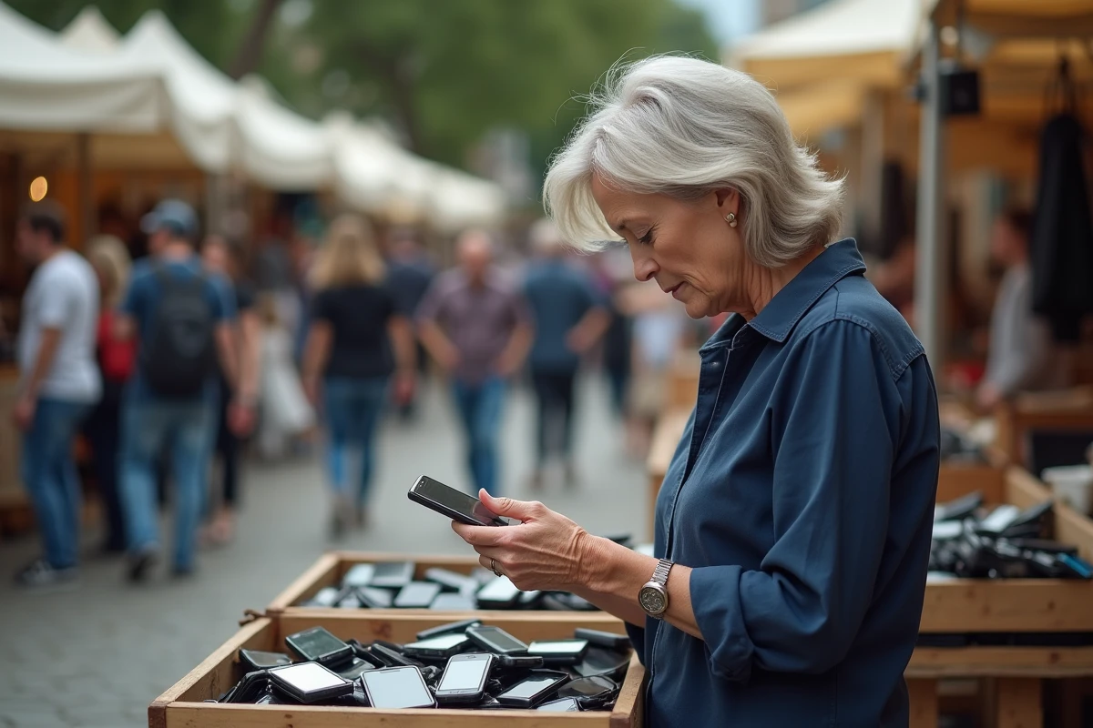 Femme parcourant une caisse de vieux téléphones Nokia dans un marché aux puces en plein air