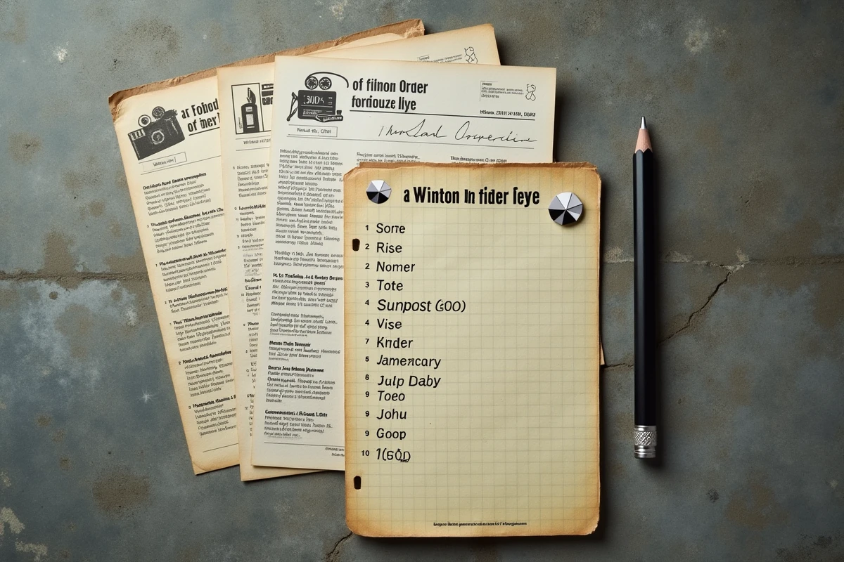 Vue aérienne d'un classement chronologique des films Resident Evil avec fiches imprimées et liste manuscrite sur béton