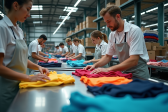 Groupe de jeunes ouvriers textiles triant des vêtements colorés