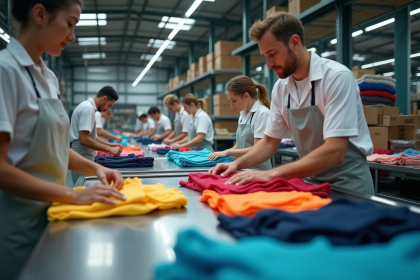 Groupe de jeunes ouvriers textiles triant des vêtements colorés