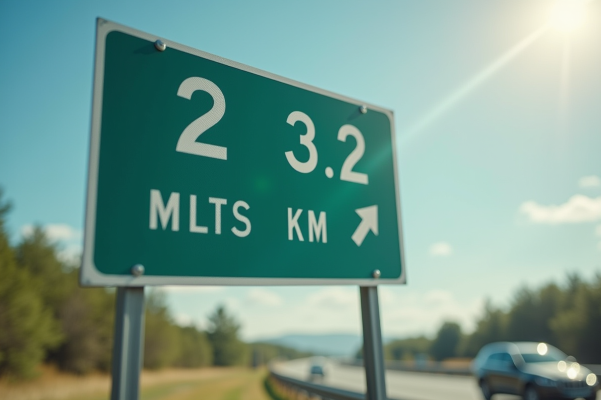 Panneau routier indiquant 2 miles et 3,2 km en daylight