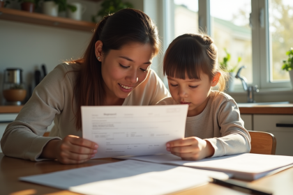 Parent et enfant examinant un bulletin scolaire lumineux