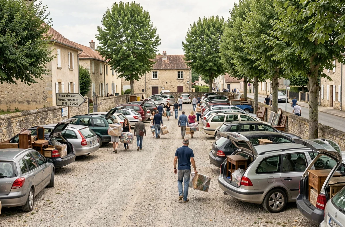 Parking animé d'un marché brocante en Yvelines avec voitures et visiteurs portant des antiquités