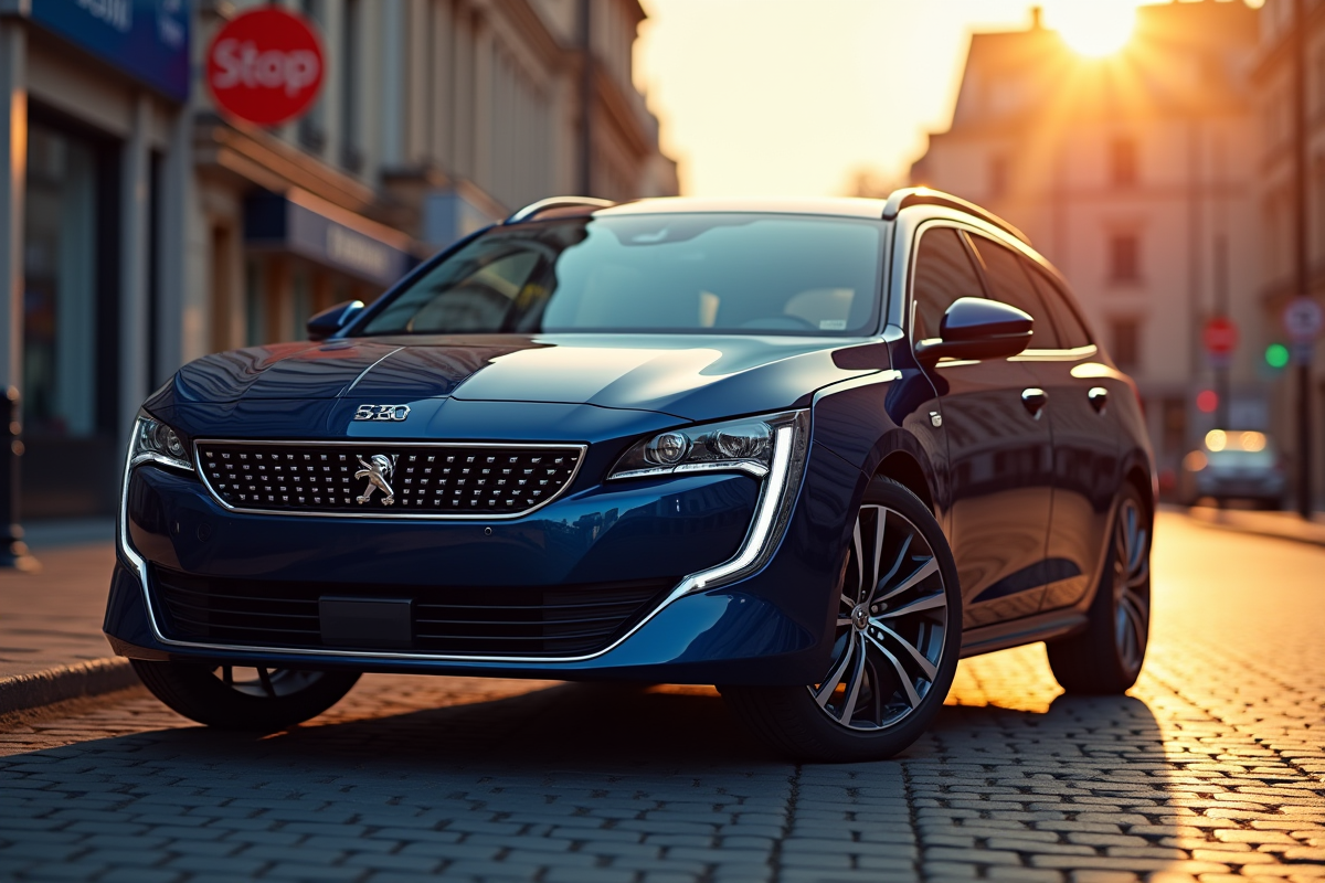 Peugeot 508 SW bleue en ville lors de l