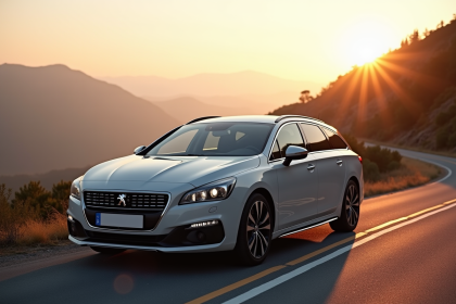 Peugeot 508 SW argentée sur route de montagne au lever du soleil