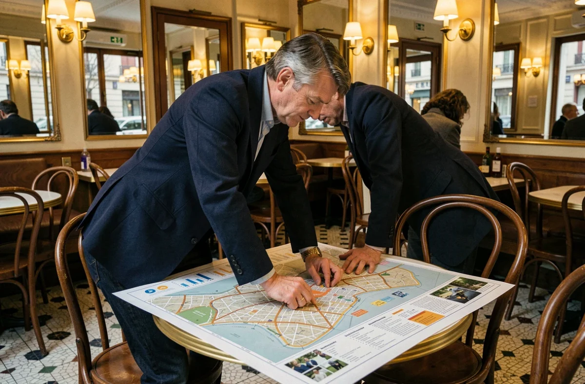 Homme étudiant un plan des arrondissements de Paris dans une brasserie typique parisienne