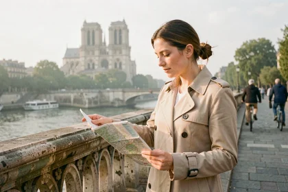 Femme consultant un plan de Paris sur un pont avec vue sur Notre-Dame en arrière-plan