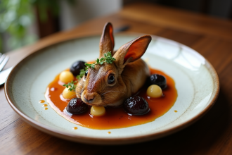Assiette gourmet de lapin aux prunes vue de dessus