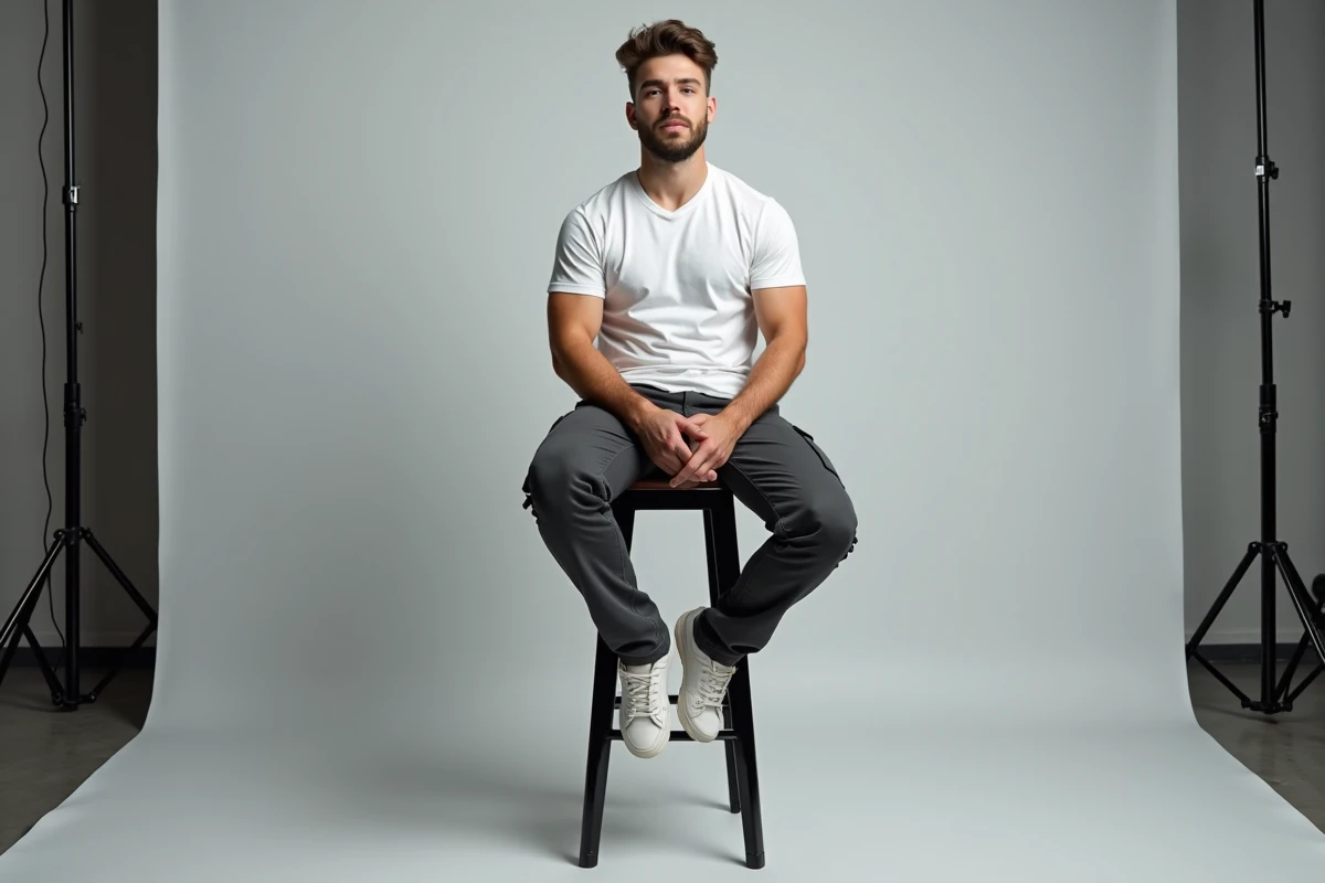 Portrait éditorial en studio d'un grand jeune homme assis sur un tabouret haut dans un cadre professionnel illustrant sa grande taille