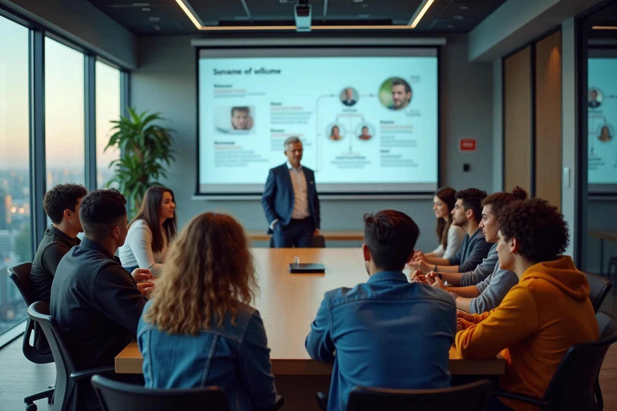 Groupe de jeunes écoutant un homme en présentation dans une salle moderne