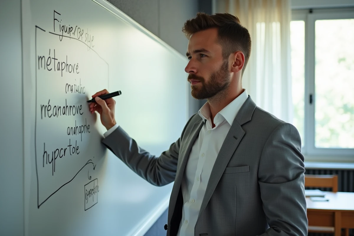 Professeur de français expliquant les figures de style au lycée devant un tableau blanc